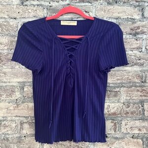 Project Social T Urban Outfitters Blue Ribbed Tie Front Short Sleeve Top